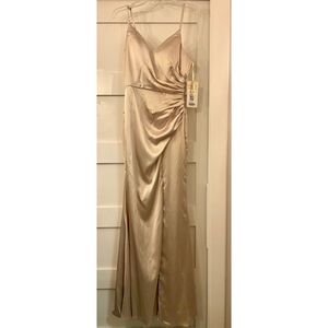 W Revelry Rory Satin Maxi Dress Size 8 Soft Champagne Ruched Formal NWTj
